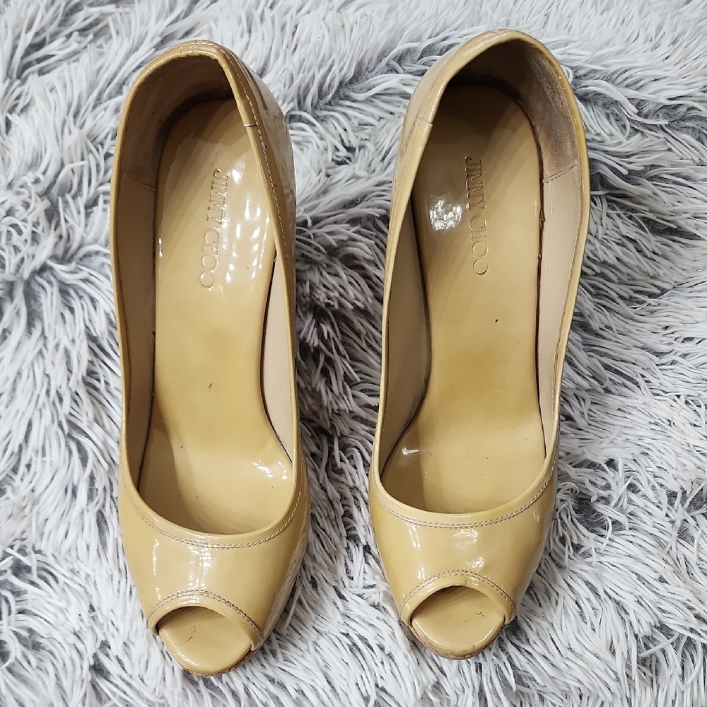 Jimmy Choo Tan Peep-Toe Heels